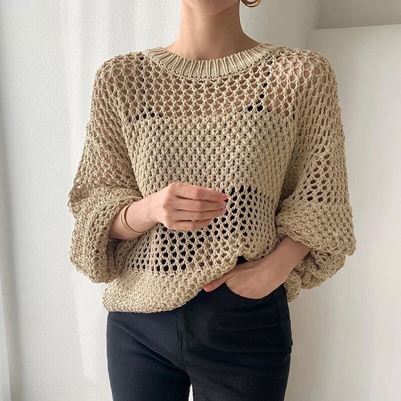 Crochet style sweater net khaki cover up long sleeve - Picture 4 of 4